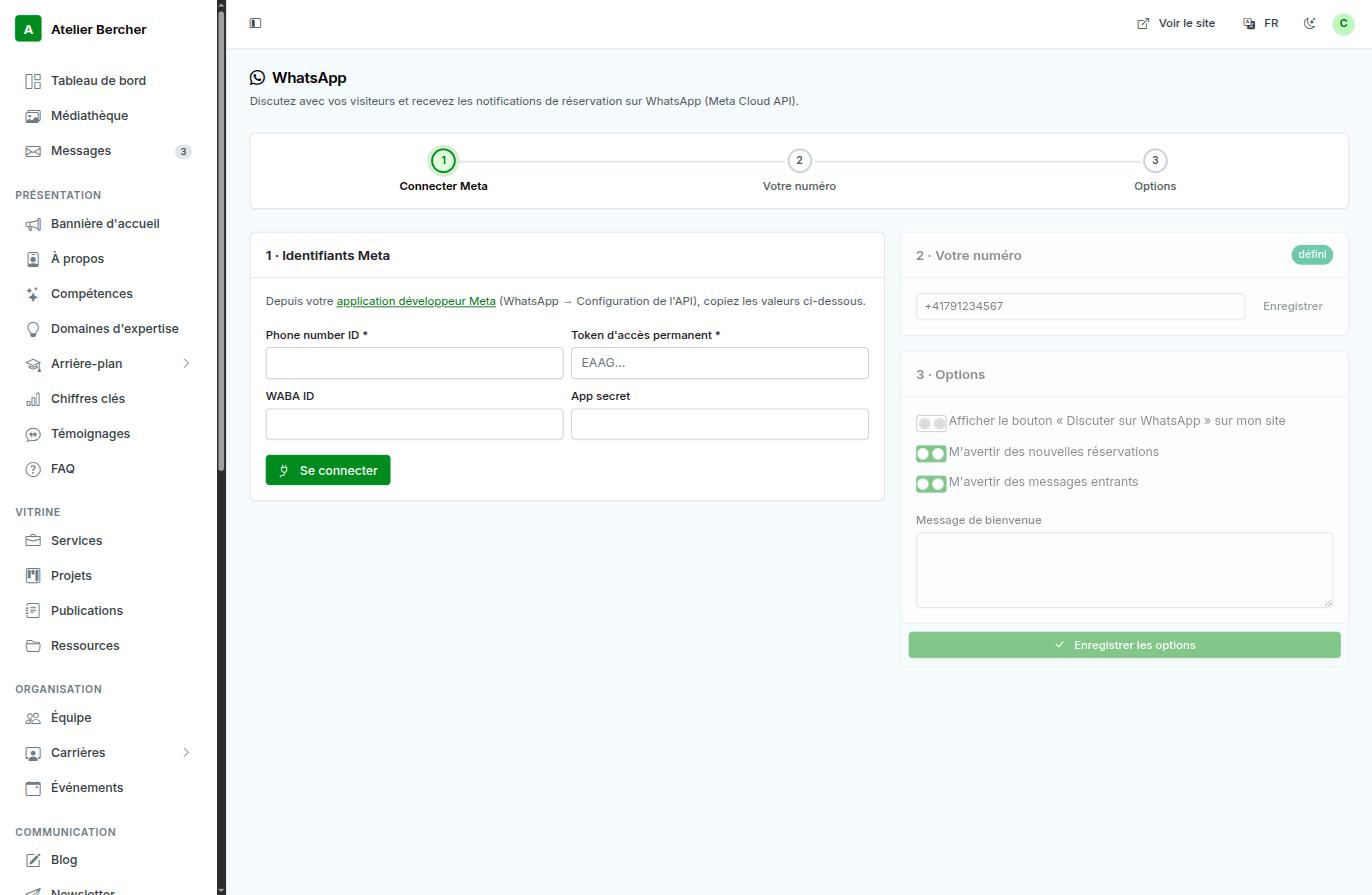 L'écran WhatsApp : trois étapes — connecter Meta, votre numéro, options.